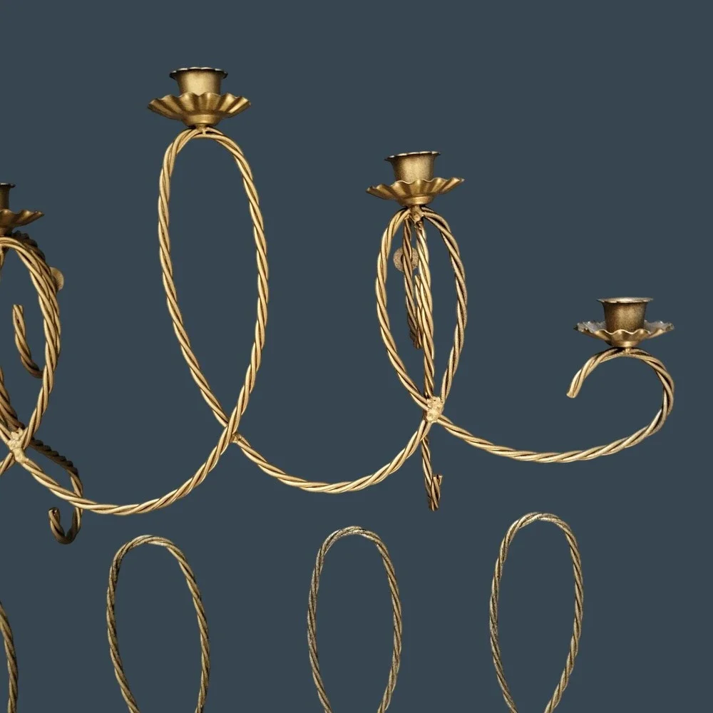 Vintage MCM Wall Candle Holder & Sconce Set Gold Tone Gilt Metal Rope Twisted